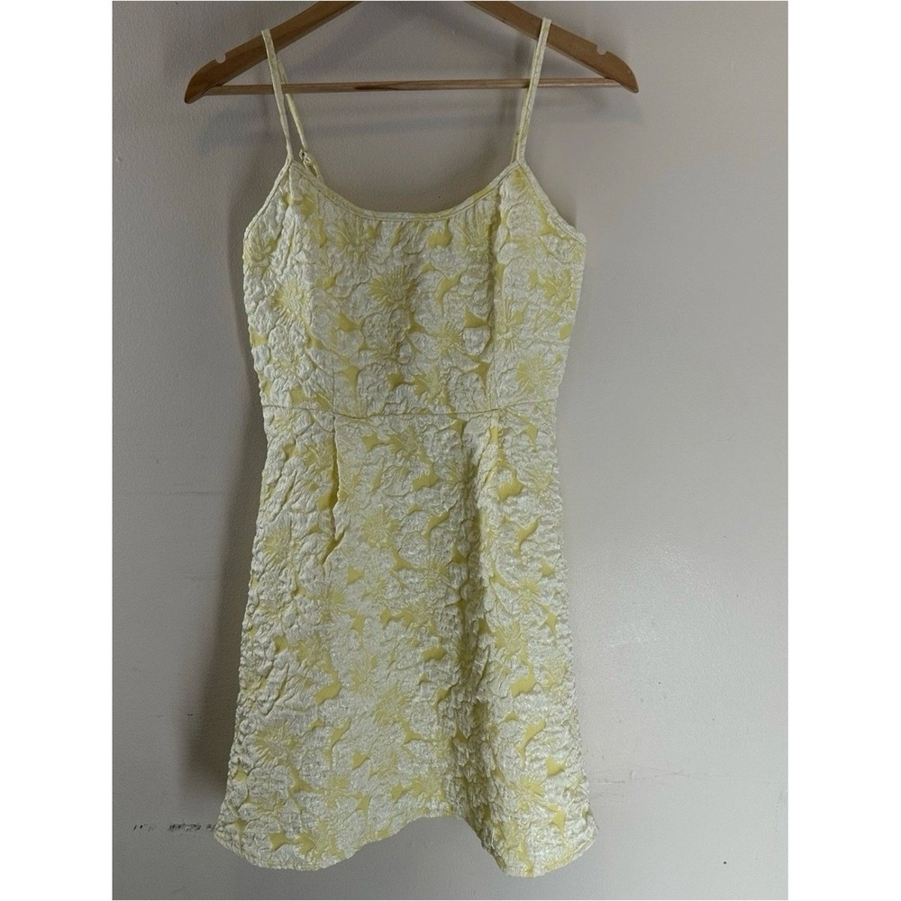 Floreya Yellow Floral Jacquard Mini Dress Spaghetti Strap Textured A-Line Size M